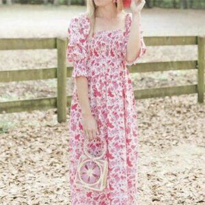 Victoria Dunn  Ol' Village Songbird Midi Dress Pink Smocked Floral Cotton Large